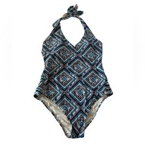 Shade & Shore Strappy Low Back Geometric Print One Piece Halter Swimsuit Size 8
